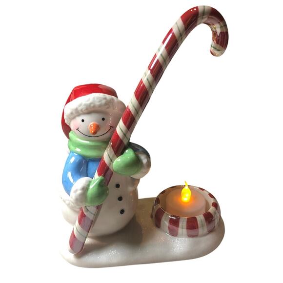 Vintage 2006 Happy Christmas Snowman Candycane Tealight Ceramic 7.75” - Picture 1 of 6